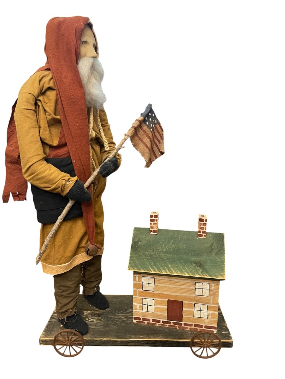 Arnetts Country Store Rustic Santa On Wheeled Platform USA Flag Dollhouse 30”